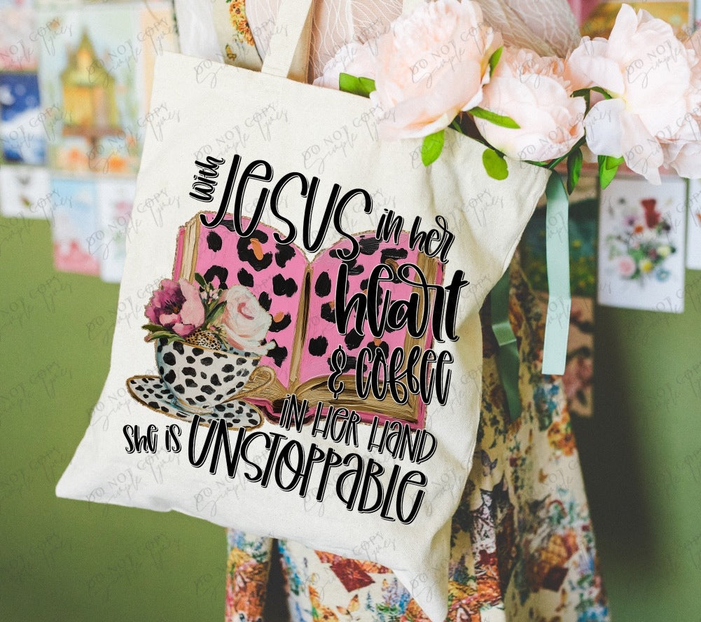 With Jesus In Her Heart and Coffee In her Hand DTF Print