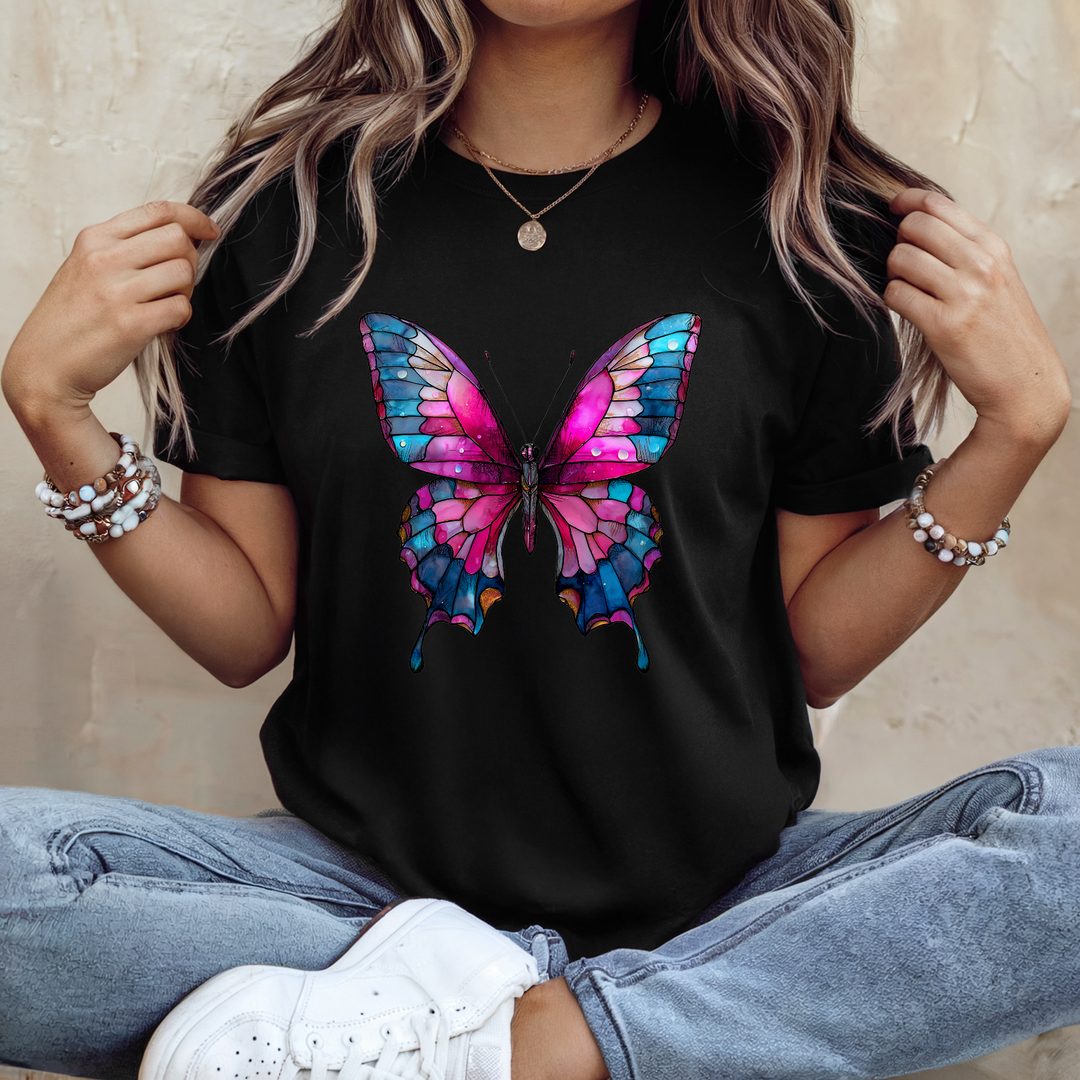 Stained Glass Pink Blue Butterfly DTF Print