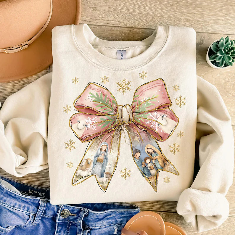 Nativity Scene Coquette Bow GILDAN SAND Sweatshirt