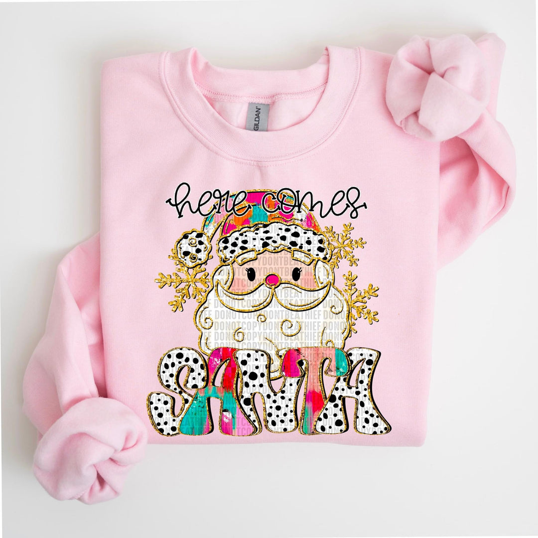 Here Comes Santa GILDAN Light Pink Sweatshirt