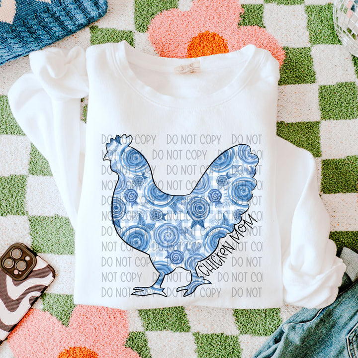 Chicken Mom Blue Floral DTF Print