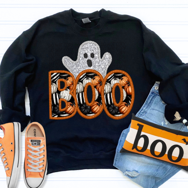 BOO Orange Outline Ghost Faux Embroidery DTF Print