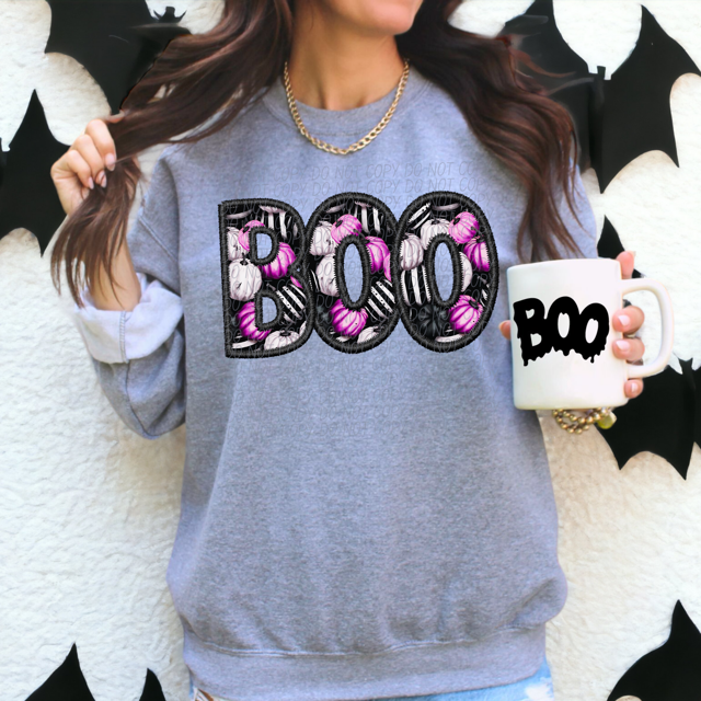 BOO Pink and Black Faux Embroidery DTF Print