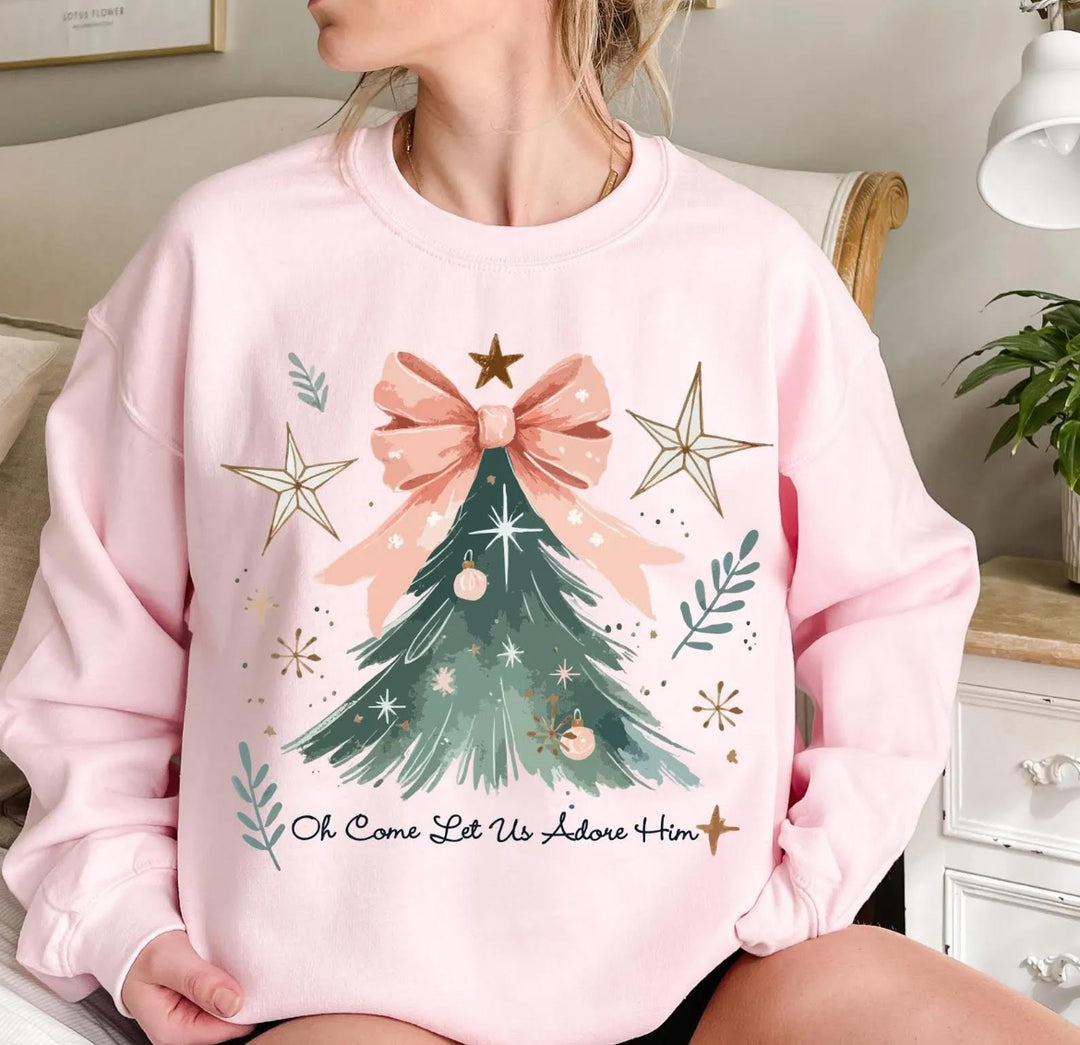 Oh Come Let Us Adore Him GILDAN LIGHT PINK Sweatshirt