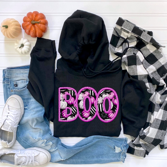 BOO Pink Outline Faux Embroidery DTF Print