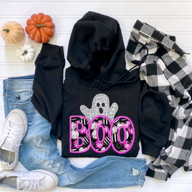 BOO Pink Outline Ghost Faux Embroidery DTF Print