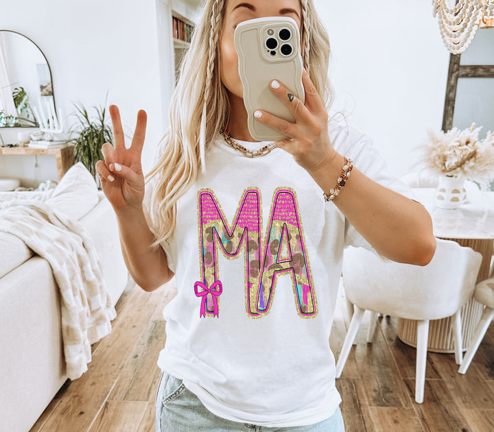 Preppy Leopard Small Bow Mom Name DTF Print