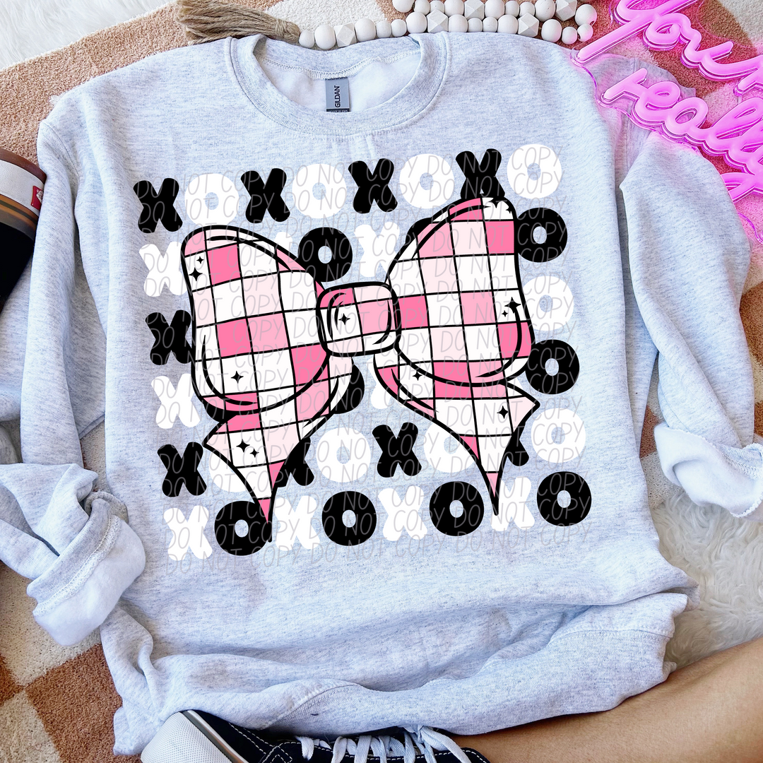 Black and White XOXO Pink Checkered Bow DTF Print