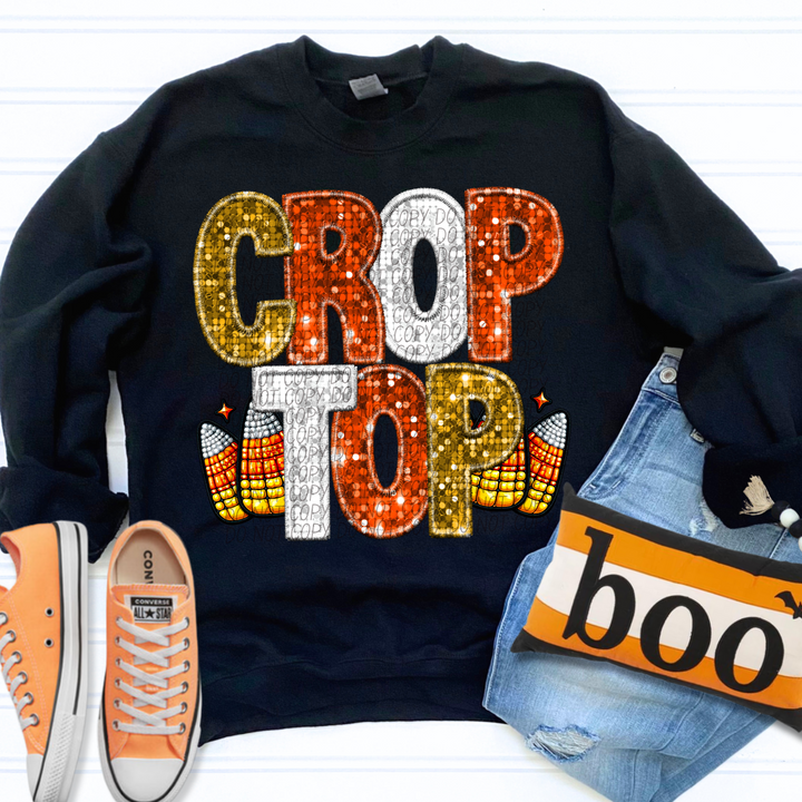 Crop Top Candy Corn Faux Glitter DTF Print