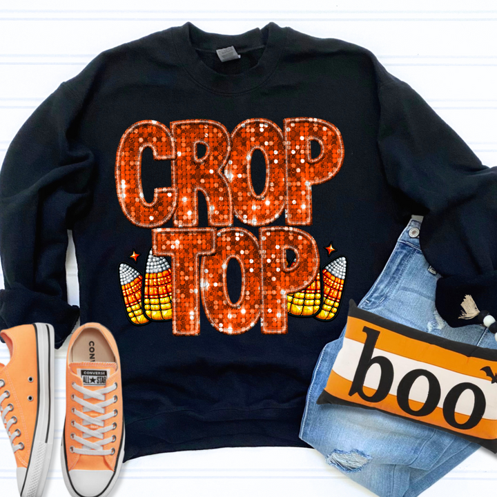 Crop Top Candy Corn Faux Glitter DTF Print