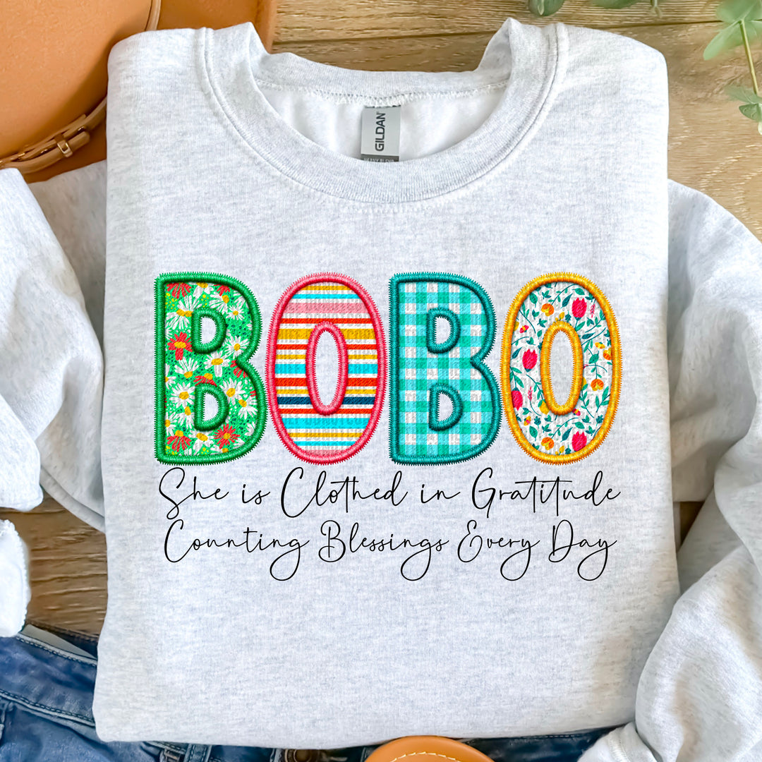 Clothed in Gratitude Bobo Faux Embroidered DTF Print