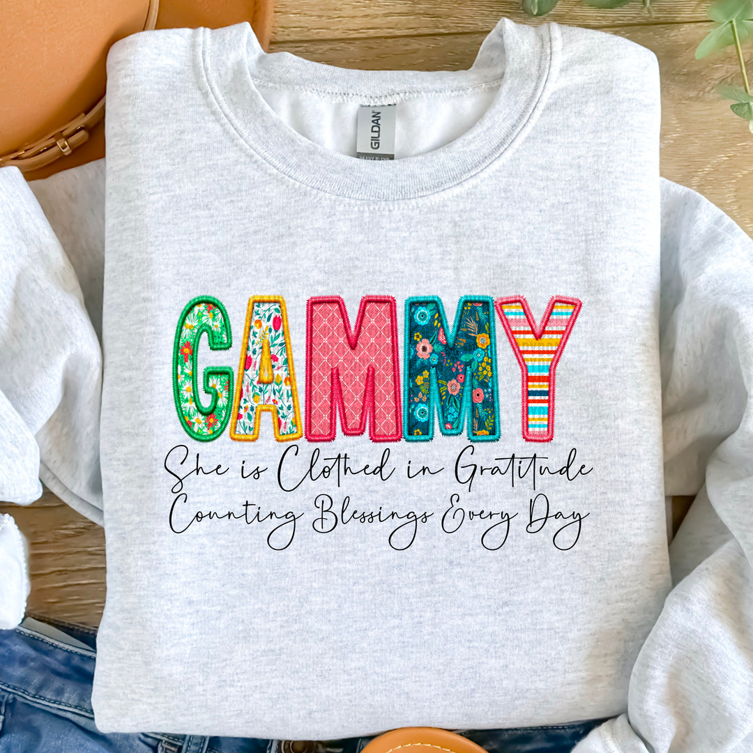 Clothed in Gratitude Gammy Faux Embroidered DTF Print