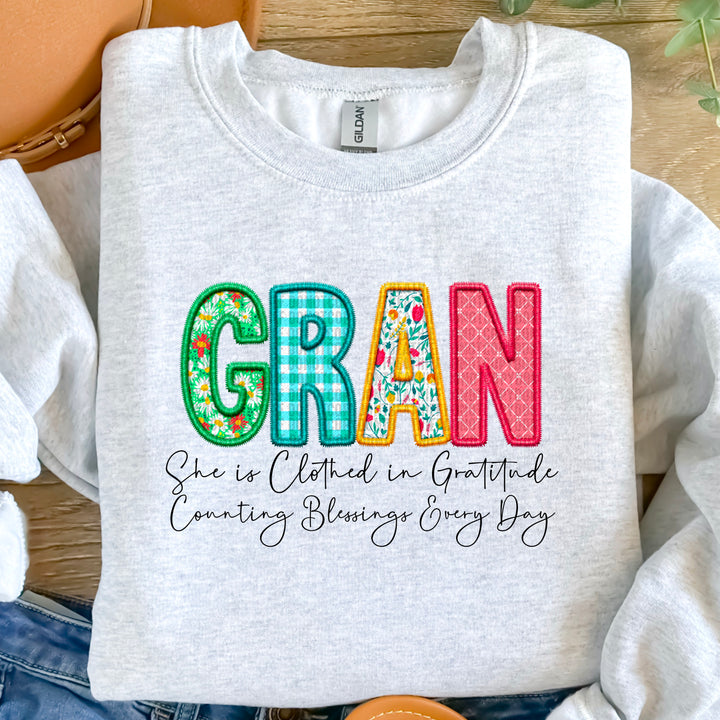 Clothed in Gratitude Faux Embroidered DTF Print