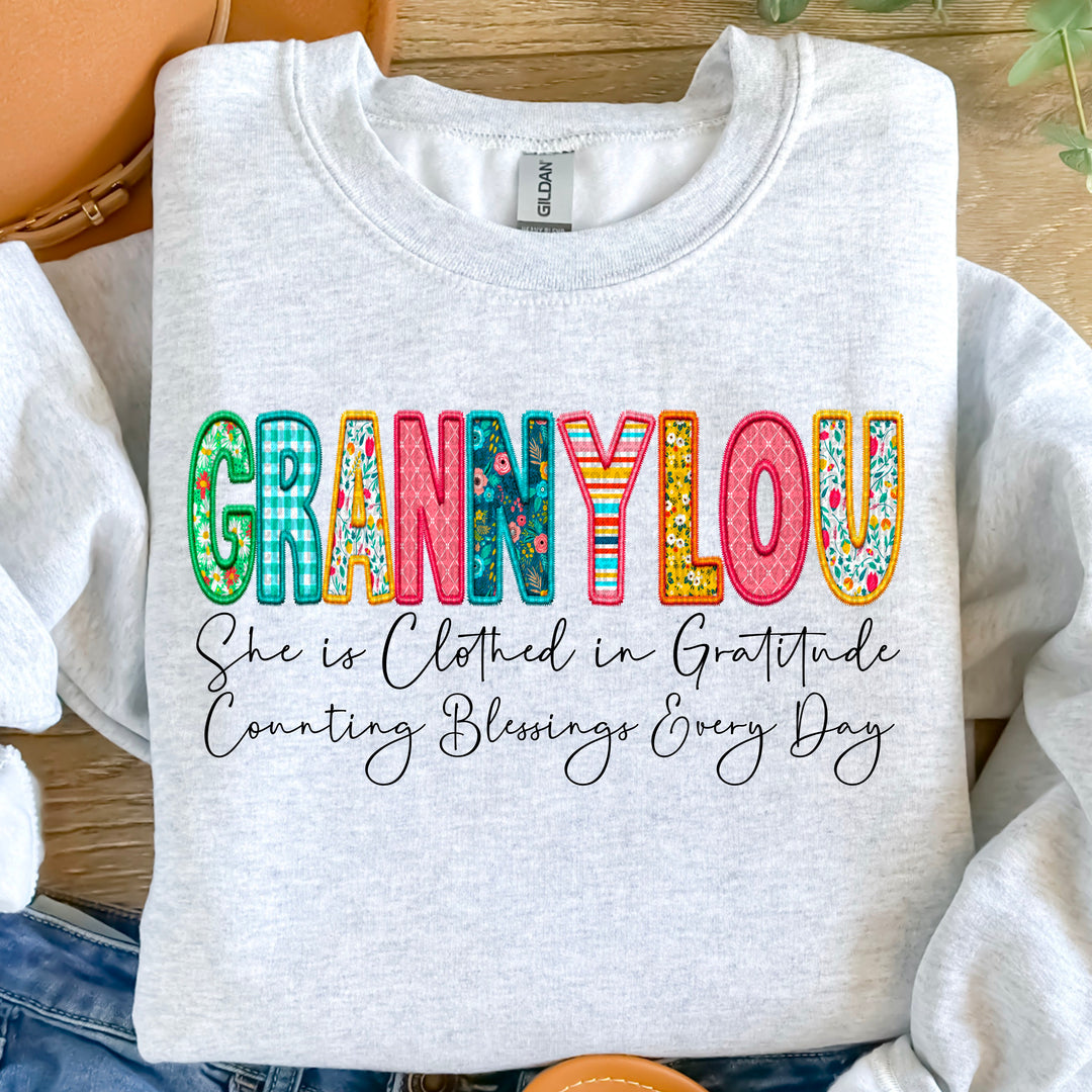 Clothed in Gratitude Grannylou Faux Embroidered DTF Print