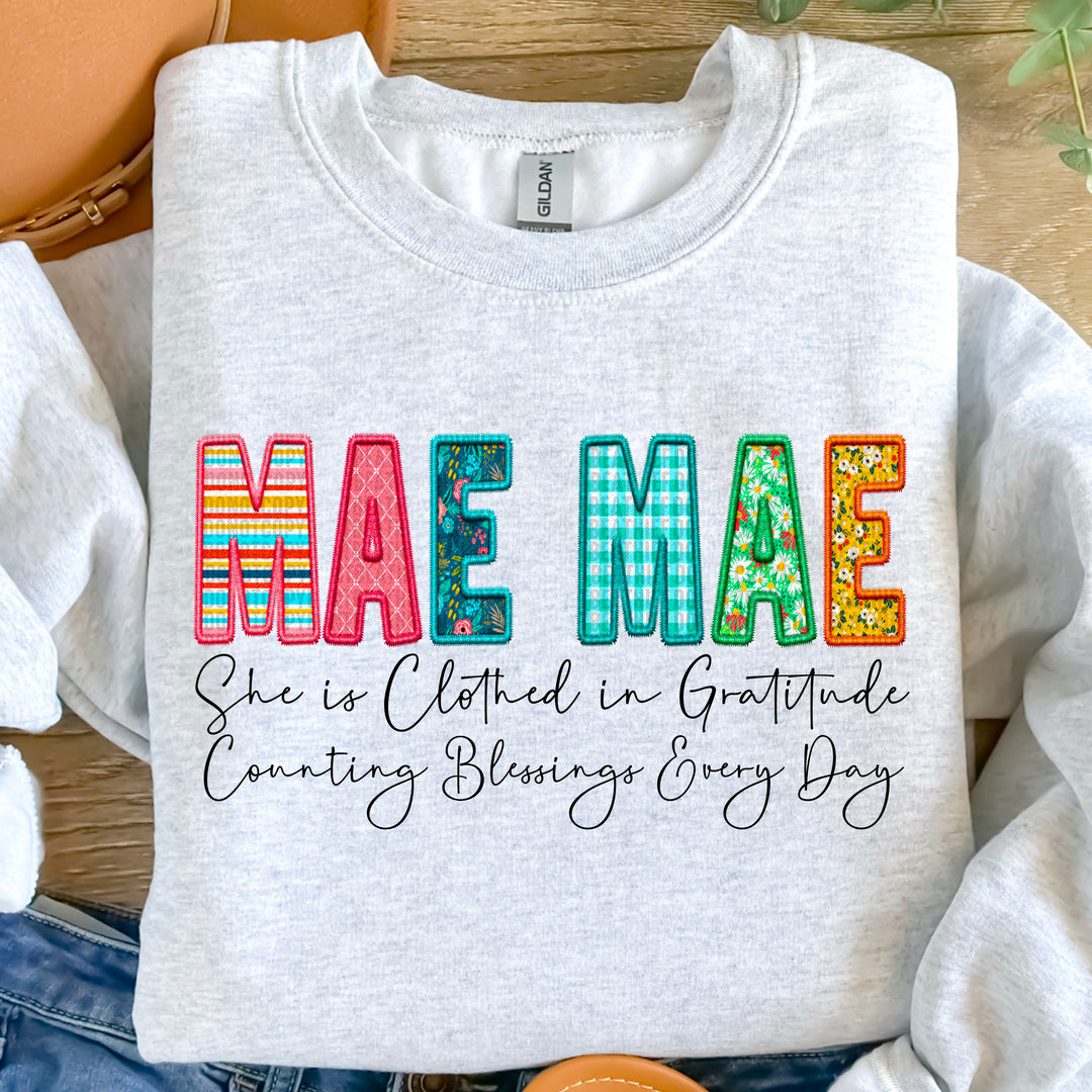 Clothed in Gratitude Mae Mae Faux Embroidered DTF Print