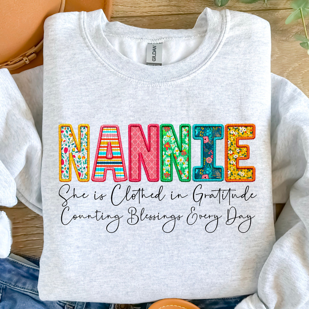 Clothed in Gratitude Nannie Faux Embroidered DTF Print