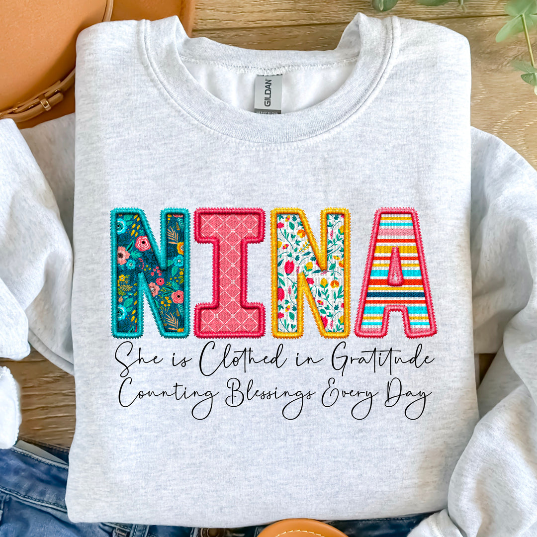 Clothed in Gratitude Nina Faux Embroidered DTF Print