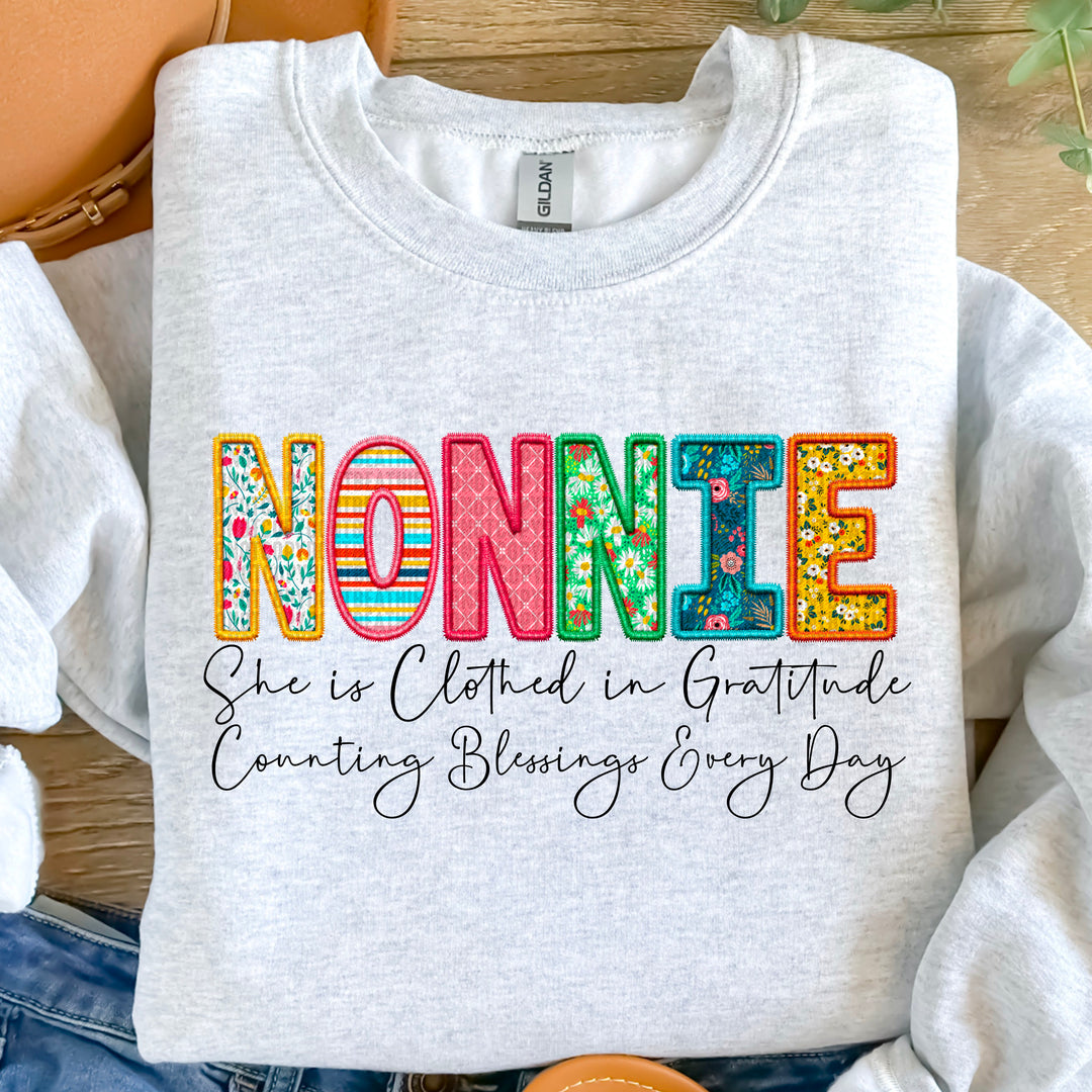 Clothed in Gratitude Nonnie Faux Embroidered DTF Print