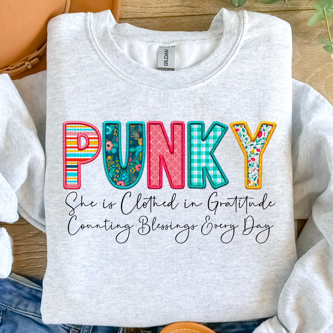 Clothed in Gratitude Punky Faux Embroidered DTF Print