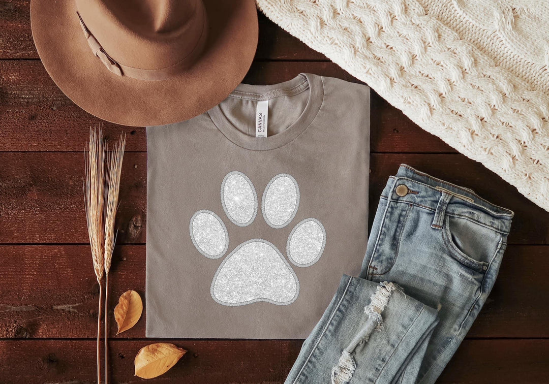 Faux Embroidery White Glitter Paw DTF Print