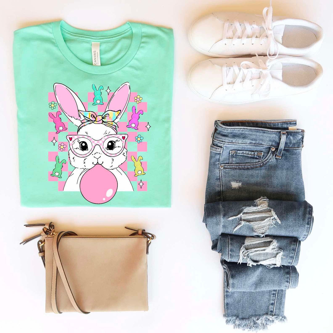 Checkered Bubble Gum Bunny MINT BELLA CANVAS Printed Tee