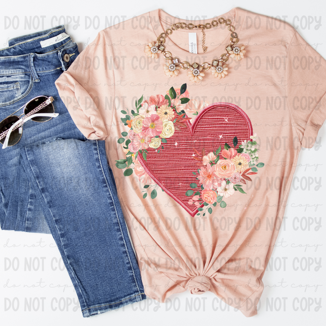 Floral Faux Embroidery Heart DTF Print