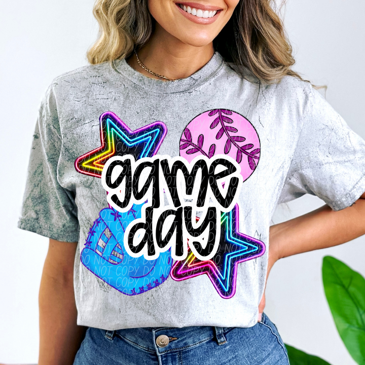 Neon Softball Game Day Stars DTF Print
