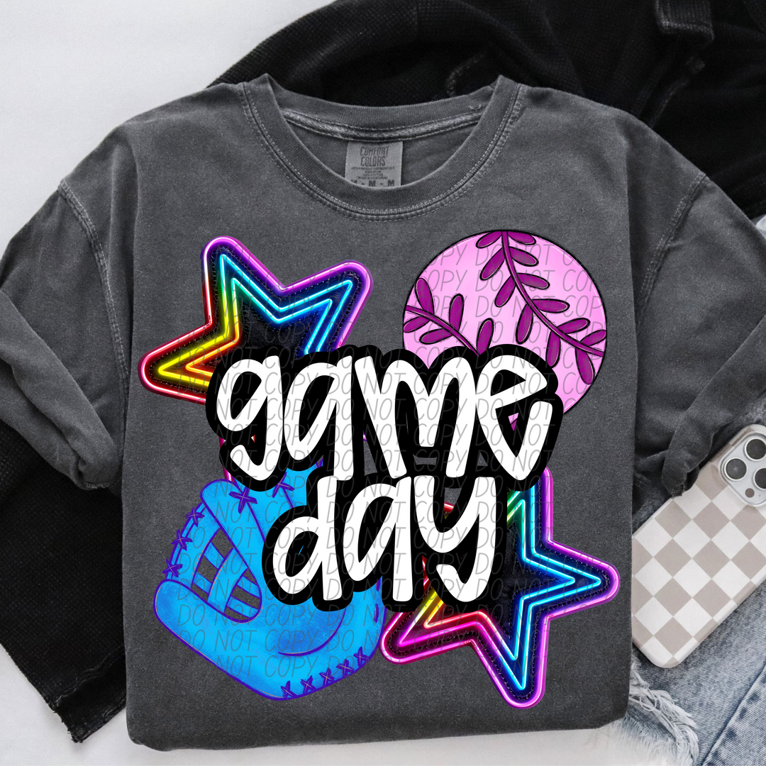 Neon Softball Game Day Stars DTF Print