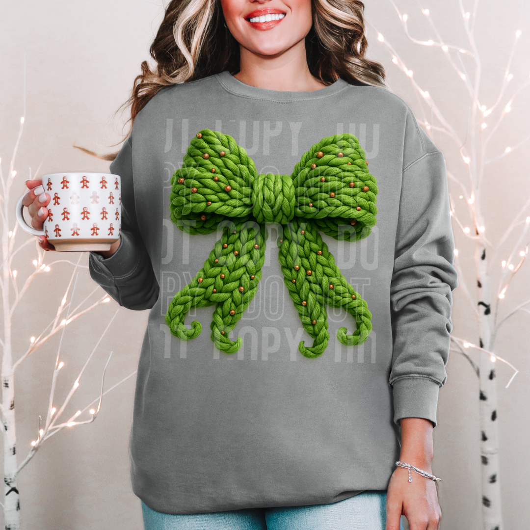 Green Christmas Faux Yarn Bow DTF Print