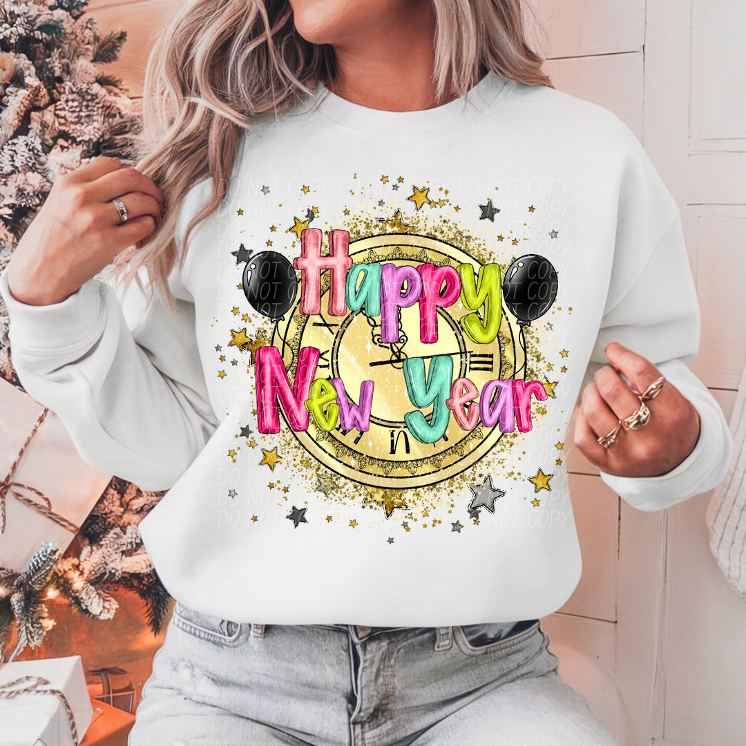 Happy New Year Black Balloons DTF Print