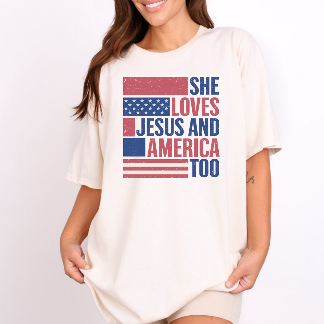 She Loves Jesus & America Too Printed Tee