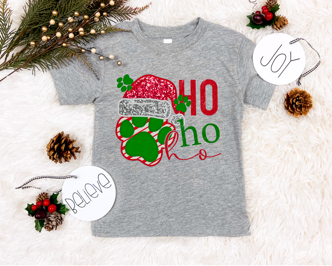 Ho Ho Ho Paw Print Faux Glitter DTF Print