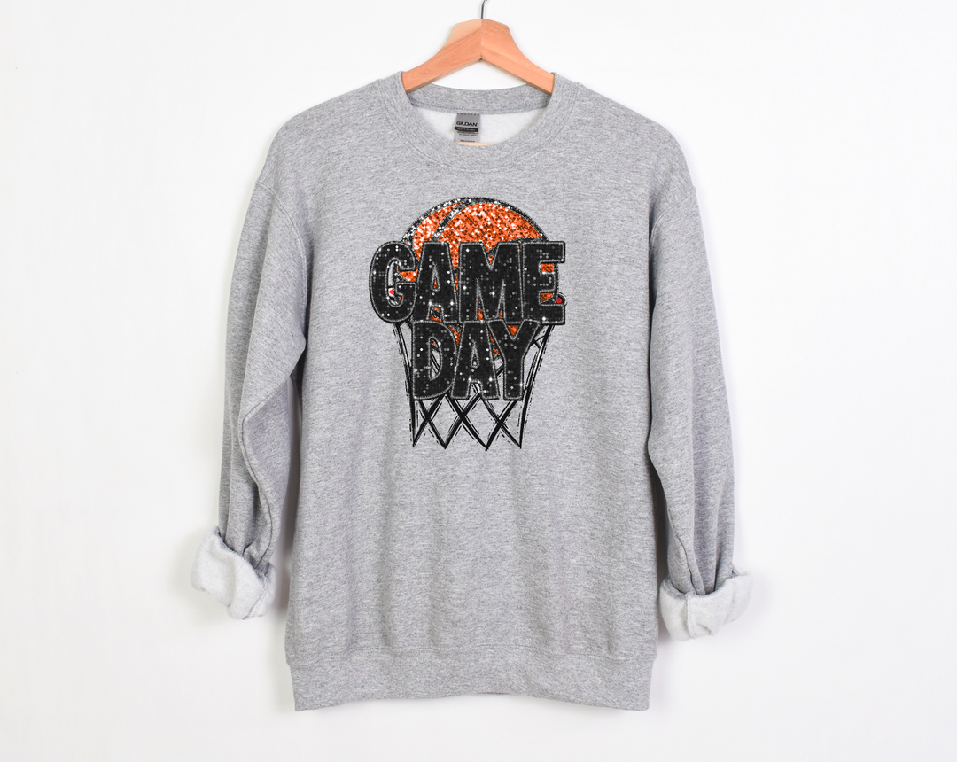 Game Day Basketball in Net Faux Glitter DTF Print