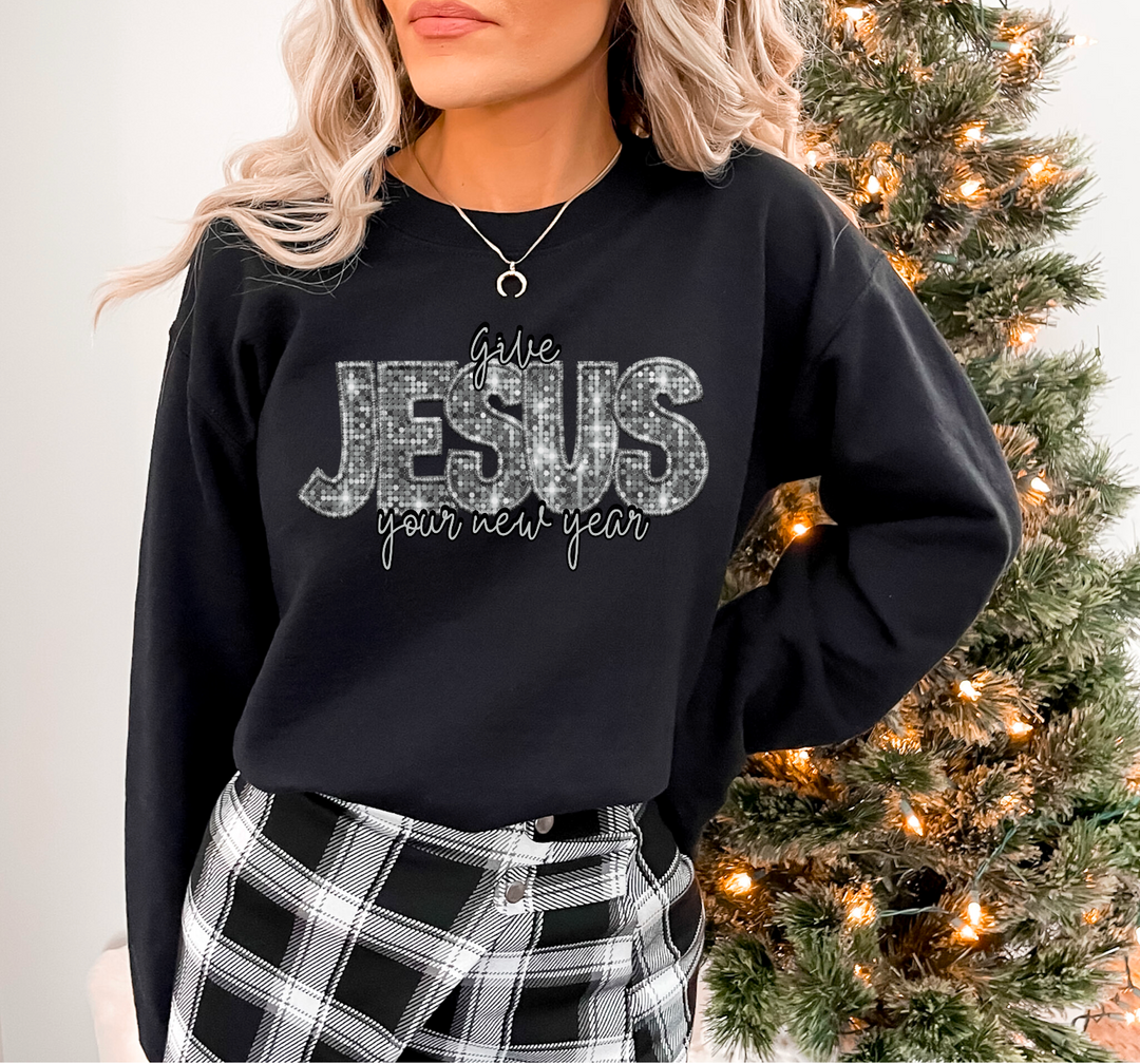 Give Jesus Your New Year Faux Glitter DTF Print