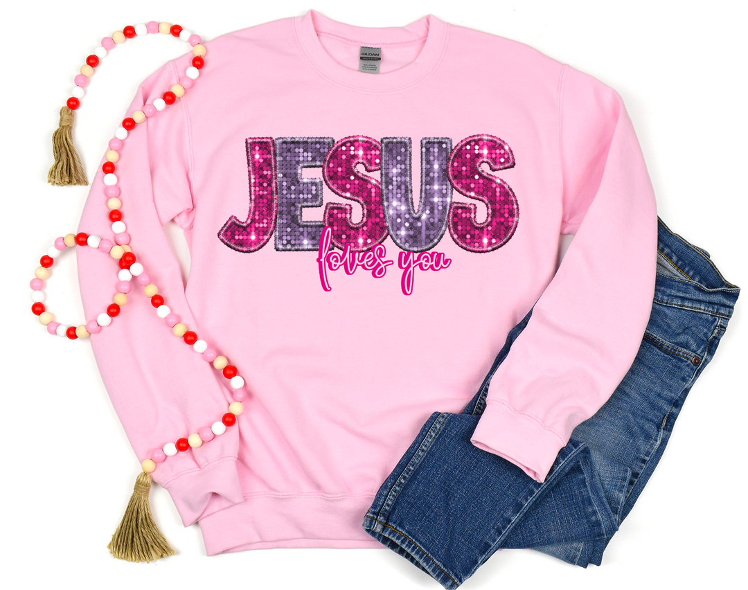 Jesus Loves You Faux Glitter DTF Print