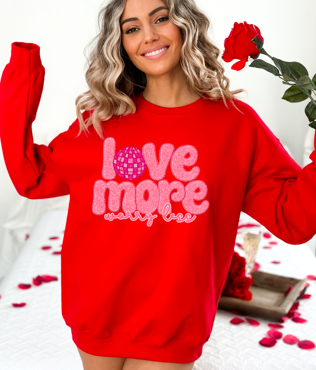 Love More Worry Less Disco Faux Puff Letters DTF Print