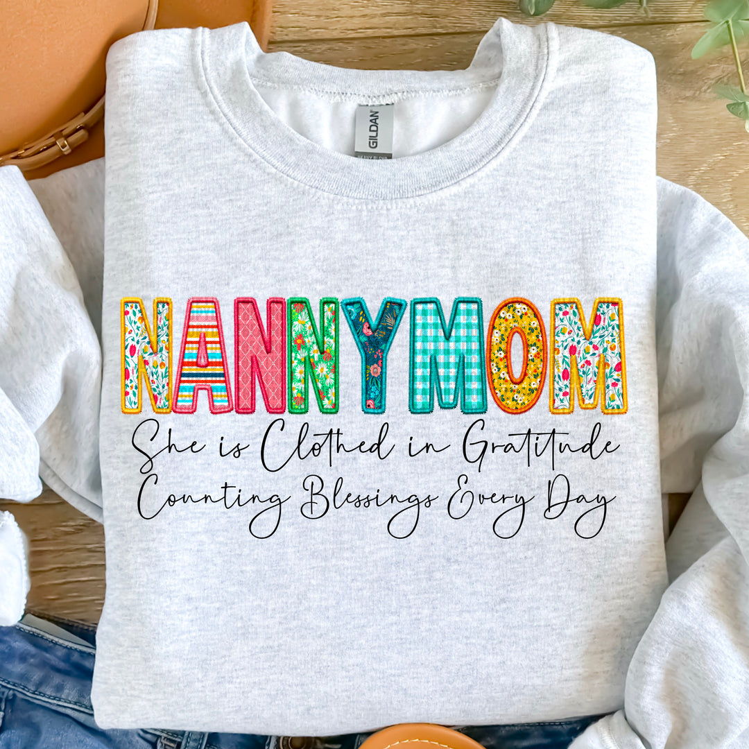 Clothed in Gratitude Nanny Mom Faux Embroidered DTF Print