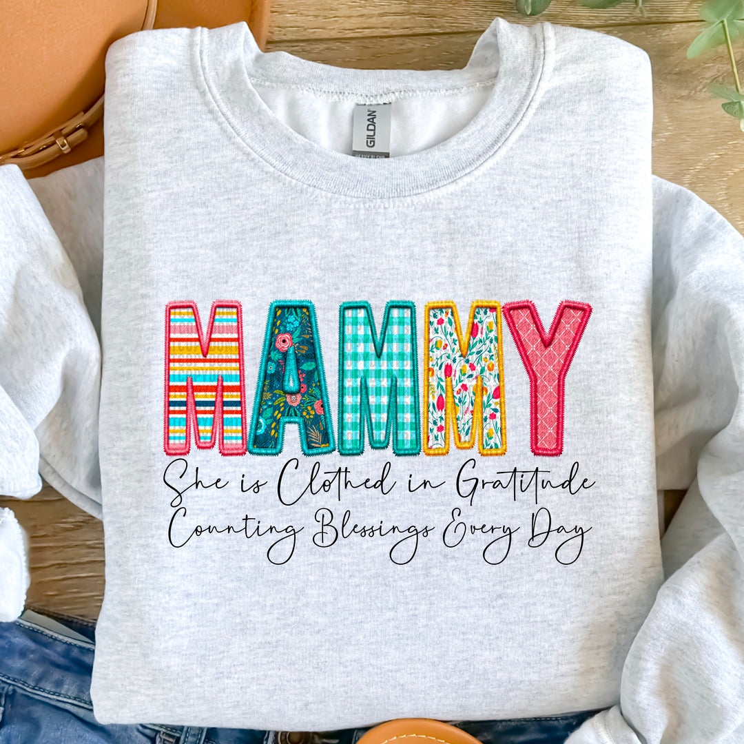 Clothed in Gratitude Mammy Faux Embroidered DTF Print