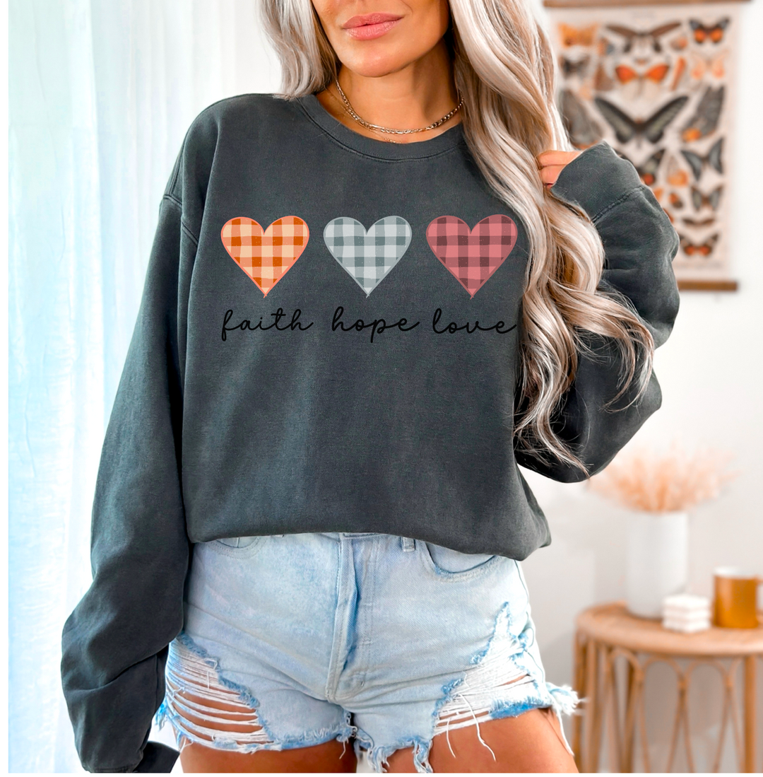 Faith Hope Love Checkered Hearts DTF Print