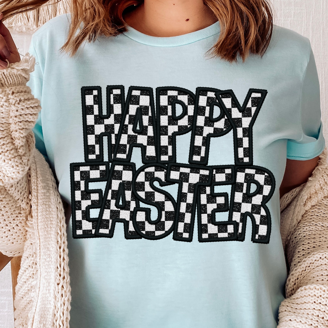 Happy Easter Checkered Faux Embroidery DTF Print