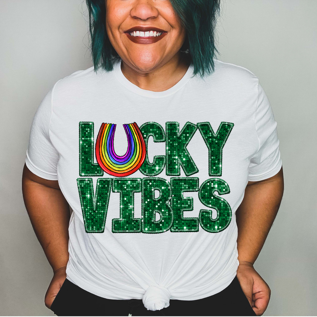 Lucky Vibes Character Faux Glitter DTF Print