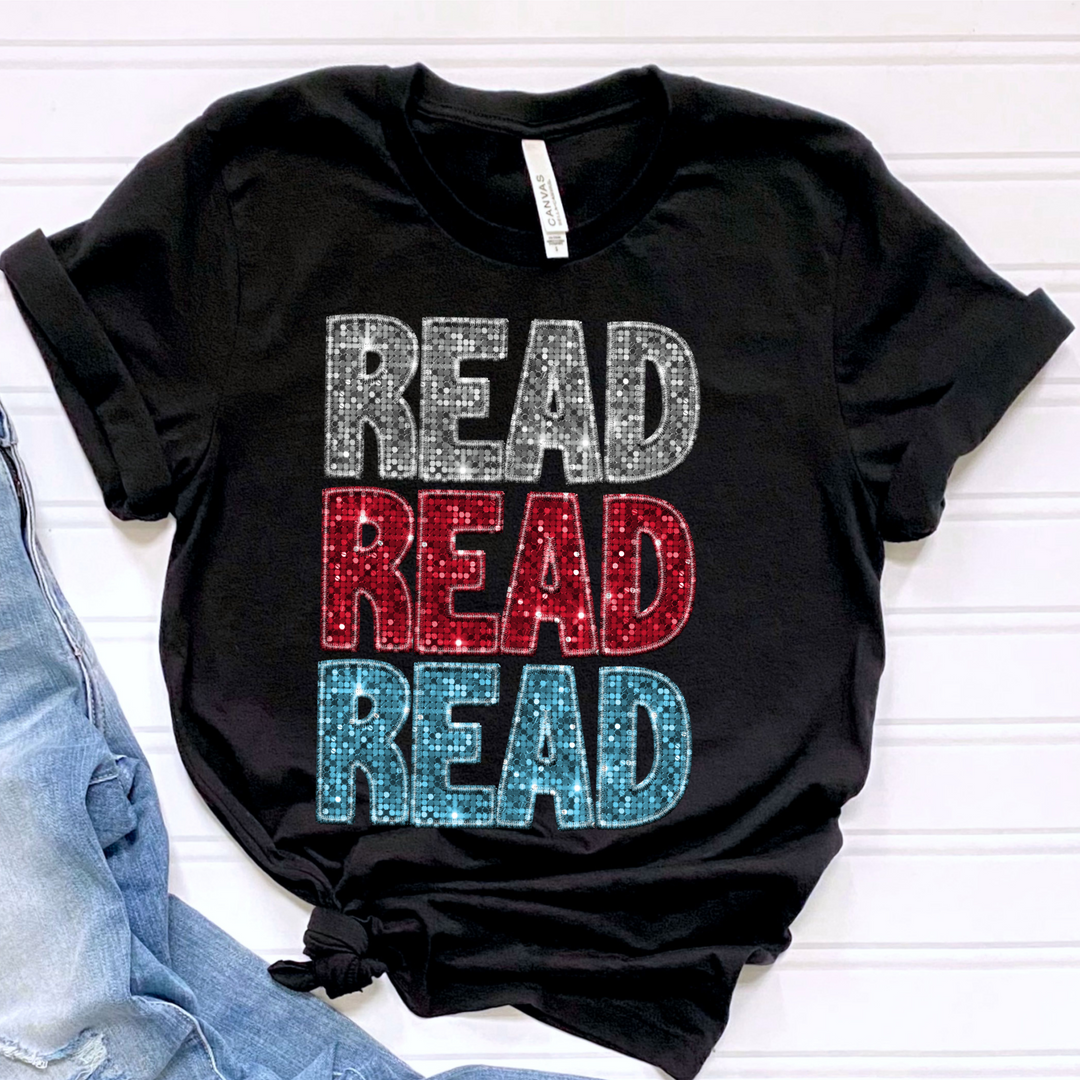 Read Read Read Faux Glitter Embroidery DTF Print