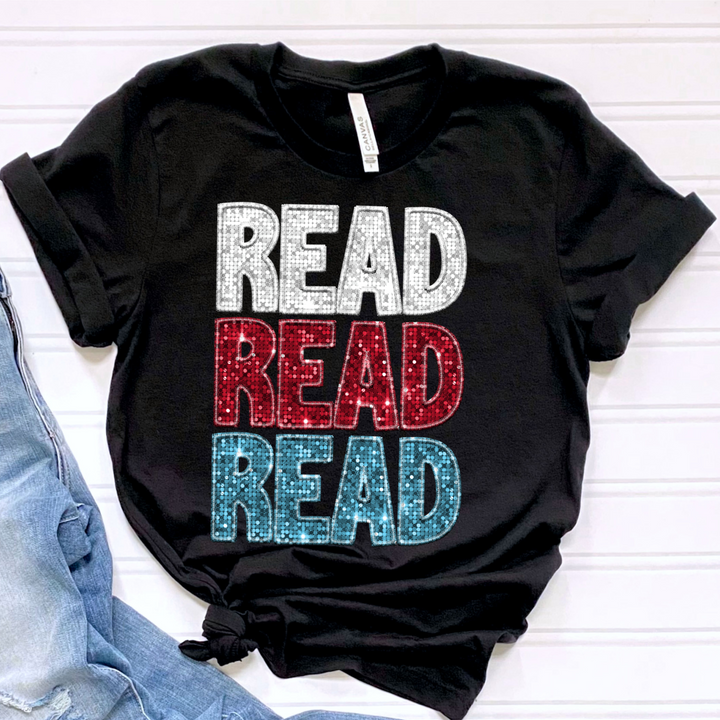 Read Read Read Faux Glitter Embroidery DTF Print