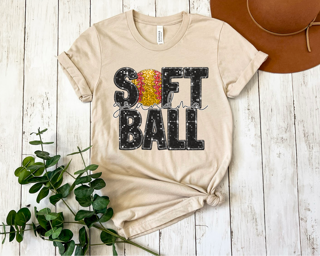 Softball Faux Glitter Titles with Ball DTF Print