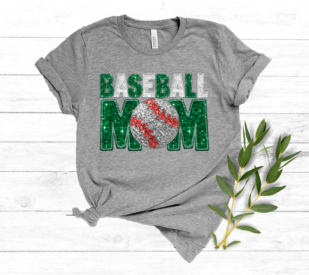 Baseball Mom Green and White Faux Glitter DTF Print