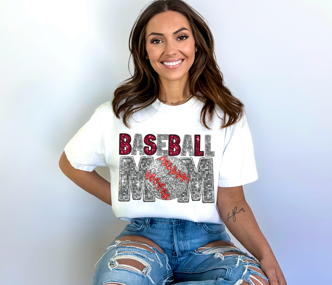 Baseball Mom Red and Silver Faux Glitter DTF Print