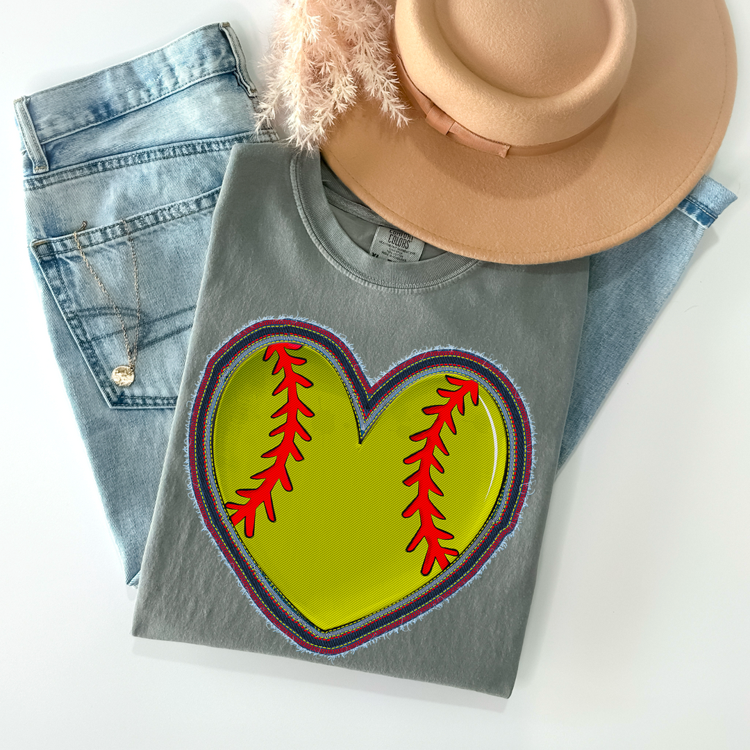 Faux Stitched Softball Heart DTF Print