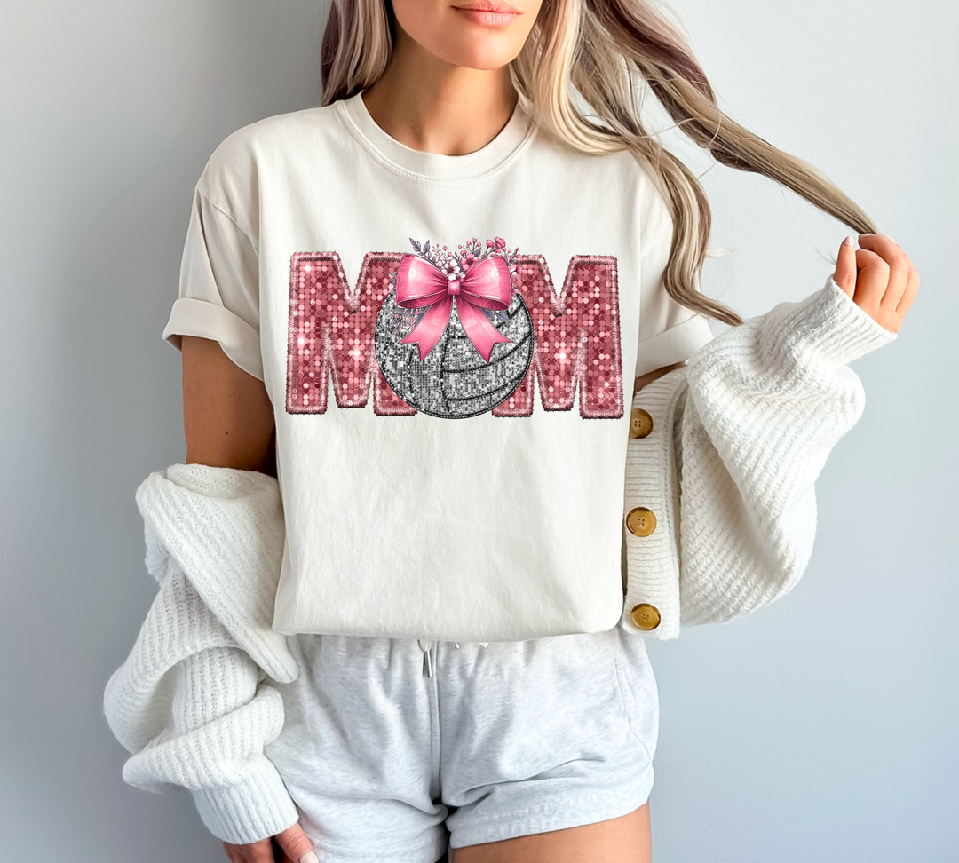 Sports Mom Bow with Flowers Faux Glitter DTF Print