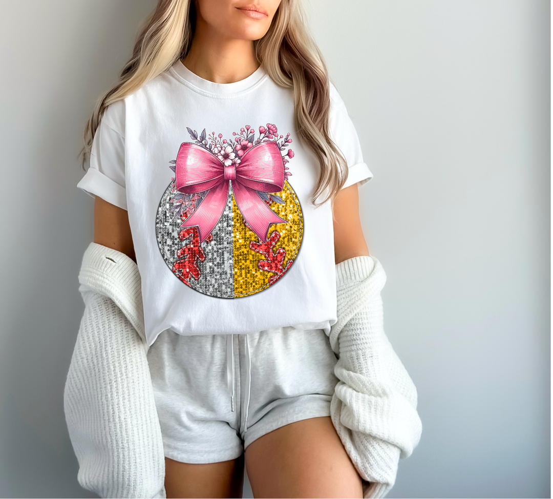 Faux Glitter Pink Bow and Flowers Sports DTF Print