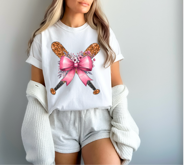 Faux Glitter Pink Bow and Flowers Sports DTF Print